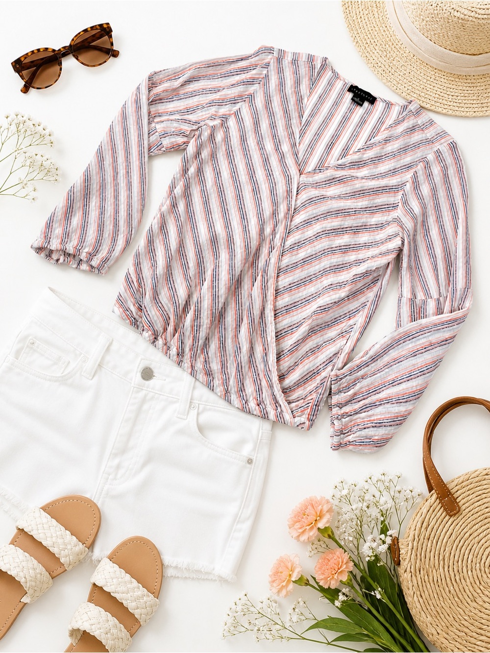 Sanctuary Striped Wrap Blouse Boho Lightweight Top Size M White Orange